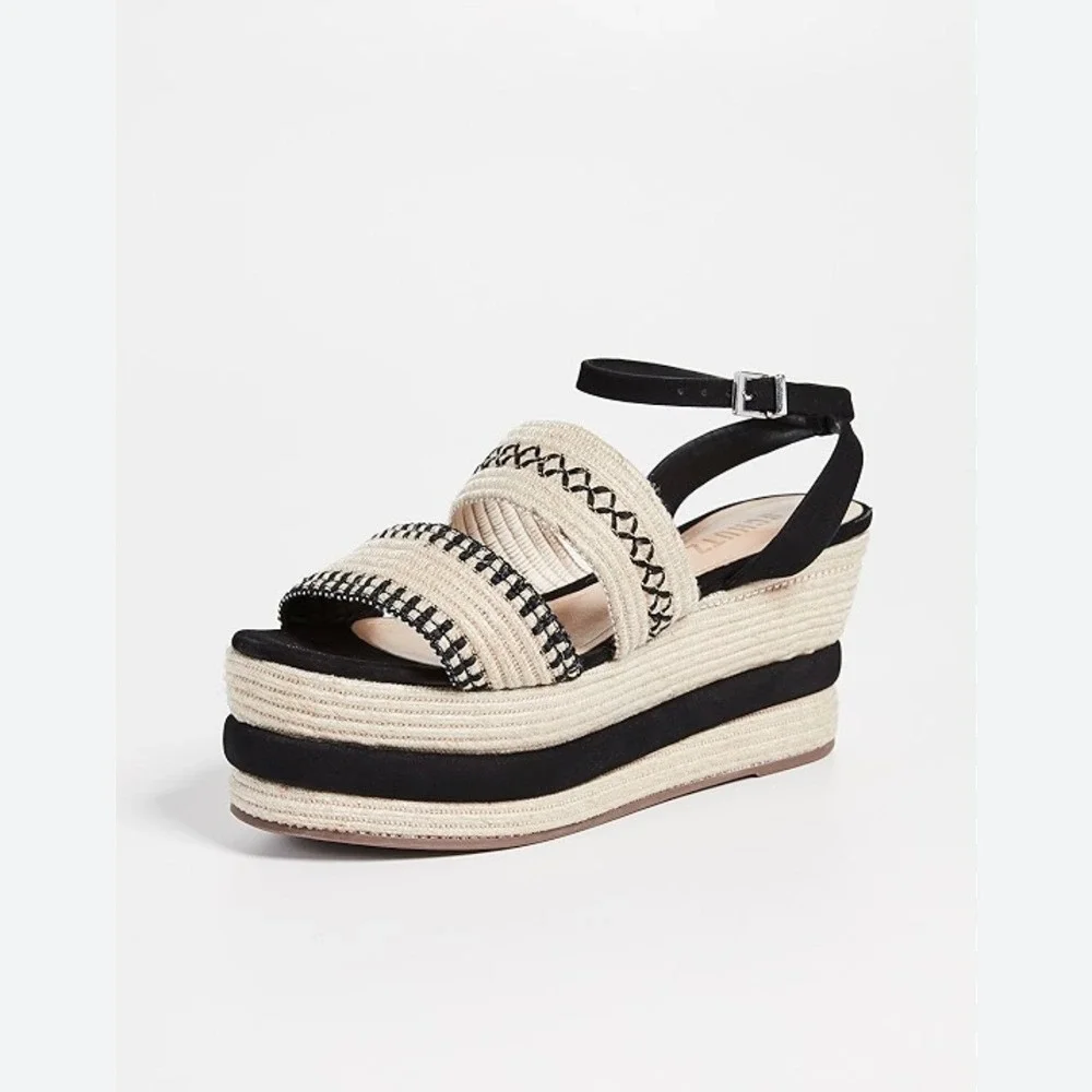 Schutz Denes Platform Espadrilles Black Cream Open Toe Sandal 6.5 Summer Resort‎